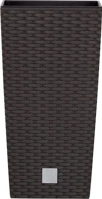 A tall, dark brown planter with a woven texture and a small silver square detail near the bottom.