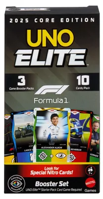 Produktbild von Mattel Games UNO Elite Formel 1 Erweiterungsset mit 30 Elite-Sonderkarten, 2025 Core Edition., Kartenspiel-Erweiterung, Abwurf, 7 Jahr(e)