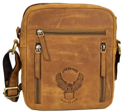 Produktbild von Bike Leder Umhängetasche Gürteltasche Schultertasche Crossbody Tasche Adlermotiv (Rindsleder, Cognac)