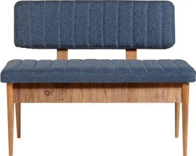 A studio shot of a dark blue upholstered bench with a wooden frame.