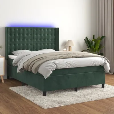 Produktbild von Robuste Doppelbett - Dezentem Design Boxspringbett mit Matratze & LED Dunkelgrün 140x190 cm Samt - Lattenrost Inklusive - 28249