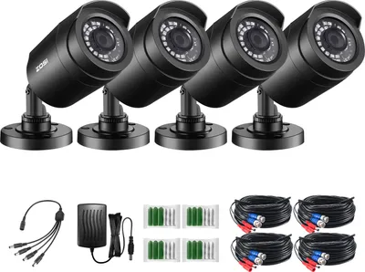A set of four ZOSI CCTV cameras and their accessories are displayed against a white background.