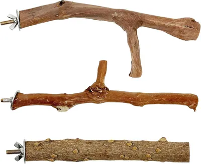 Imagen del producto de Juego de perchas para pájaros, fabricadas en madera natural, compuesto por 5 piezas de diferentes longitudes (de 10 a 30 cm), ideal para loros y canarios