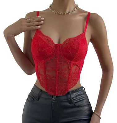 Immagine prodotto di Haibang - Canotta corta da donna, in pizzo, sexy, con spalline sottili, scollatura a V e taglio che lascia scoperto l'addome