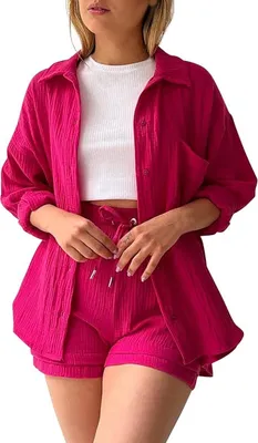 Produktbild von Musselin Baumwoll-Zweiteiler für Damen - Leichtes Sommerhemd und Shorts - Lässiges und Schickes Strand-Outfit - Bequemes Freizeitset für Frauen