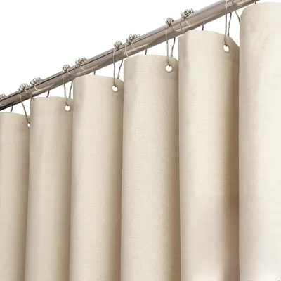 Image de Rideau de douche 200 x 180 cm, rideau de salle de bain, tissu imitation lin, hydrofuge, résistant à la moisissure et imperméable, rideau de salle de bain avec 12 anneaux, rideau de douche couleur crème pour la salle de bain.
