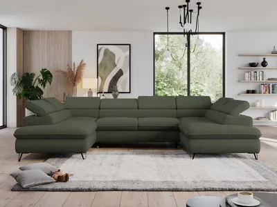 Produktbild von Ecksofa mit Bettkasten, U-form Bettsofa mit Schlaffunktion, verstellbare Kopfstützen - PEDRO U - Boucle - Grün