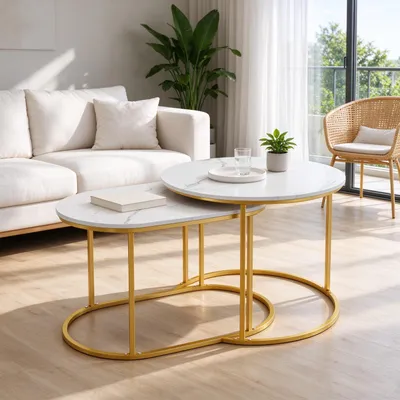 Produktbild von Satztische 2er Set,Holzoptik Couchtisch mit Metallgestell,Stapelbar Beistelltisch Set Wohnzimmertisch Sofatisch für Schlafzimmer,Balkon(Oval & Rund)