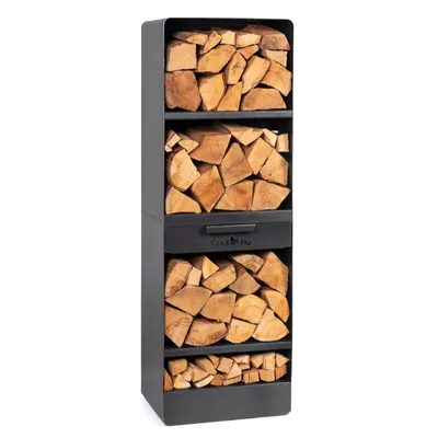A tall, black metal firewood rack filled with chopped wood, shown against a white background.