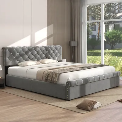 Obrázek produktu pro okwish Čalouněná postel 180*200 cm, s laťovým roštem a čelem, výškově nastavitelný čelo, laťové rošty z dřeva, snadná montáž, samet, šedá