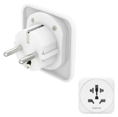 Imagen del producto de Adaptador de viaje Hama, tipo E y F, para uso mundial, especialmente en Europa, universal, con 3 pines – Blanco