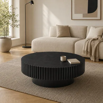 Produktbild von Runder Couchtisch mit Rillenoptik und Rundsockel, 80 x 35 cm, Schwarz, KI-generiertes Bild
