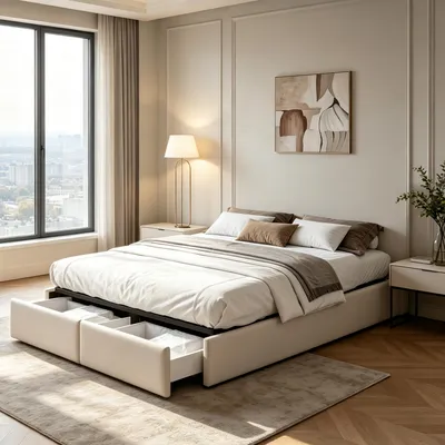 Image de INONEFT, lit capitonné 160x200 cm, lit plateforme, lit double avec rangement, lit à eau avec 2 tiroirs, lit pour adolescents avec sommier à lattes, couleur lin, beige