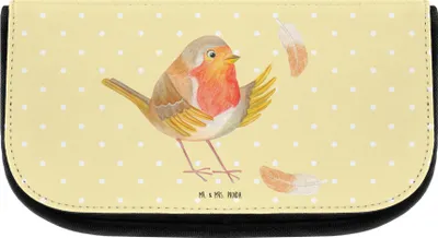 Produktbild von Mr. & Mrs. Panda aufbewahrungstasche Rotkehlchen Federn - Gelb Pastell - Geschenk, fliegen, kosmetiktäschchen, Spruch Mut, Make-up Organizer, Vogel, Kulturtasche, Tasche