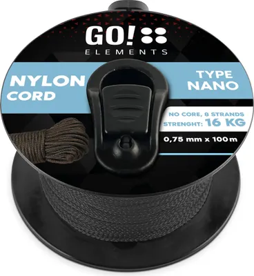 Produktbild von GO!elements 100m Nano Cord Seil aus reißfester Nylonschnur - 0,75mm Nano Cord Typ Nano Schnur - geeignet als Allzweckseil & Reepschnur - Max. 16kg, Farbe: Schwarz