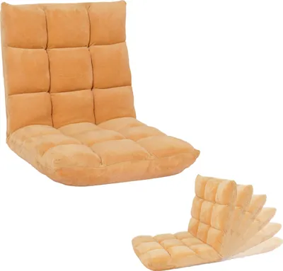 Image de Fauteuil de sol HWC-N43, fauteuil de relaxation Coussin de sol Fauteuil pliant 6 positions de relaxation, structure stable en velours ~ marron clair
