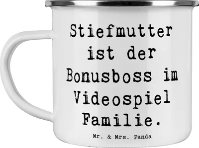 Produktbild von Mr. & Mrs. Panda Teetasse Spruch Stiefmutter Bonusboss - Weiß - Geschenk, Familienmitglieder, Videospiel, Teebecher, Emaille Tasse, Outdoor Becher, Stiefkind, Pott, Liebe