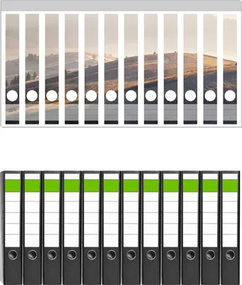 Produktbild von Wallario 12 Stück schmale Ordner inkl. Klebeetiketten mit Motive Herbstliche Felder bei Sonnenaufgang -  Set mit Rückenschildern / Ordnerrücken Stickern