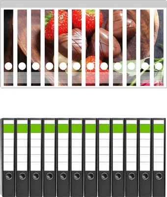 Produktbild von Wallario 12 Stück schmale Ordner inkl. Klebeetiketten mit Motive Romantische Leckereien im Herzen -  Set mit Rückenschildern / Ordnerrücken Stickern