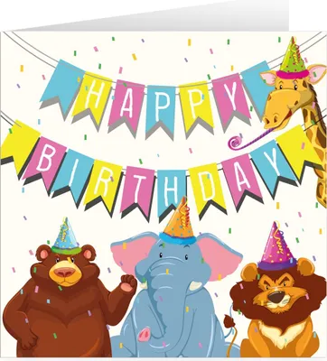 Produktbild von Fröhliche Kinder Geburtstags Glückwunschkarte mit Bär, Löwe, Elefant & Giraffe in Party Stimmung: Happy Birthday