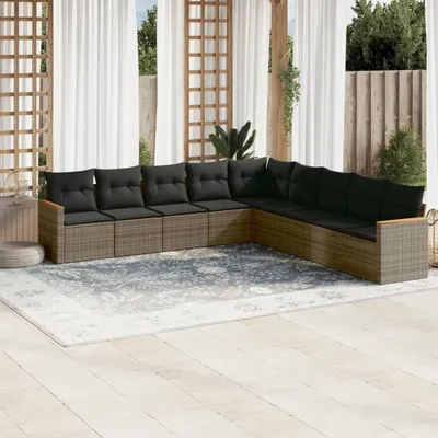 Produktbild von Design 9-tlg. Garten-Sofagarnitur mit Kissen Grau Poly Rattan, Gartenmöbel-Sets 2024 Neu