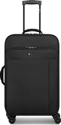 A black rolling suitcase is shown standing upright on a white background.