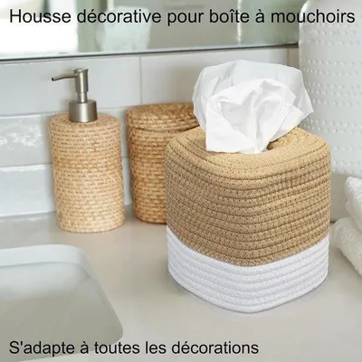 Image de Housse en coton pour boîte de mouchoirs, carrée, salle de bain, décoration d'intérieur, blanc et jaune