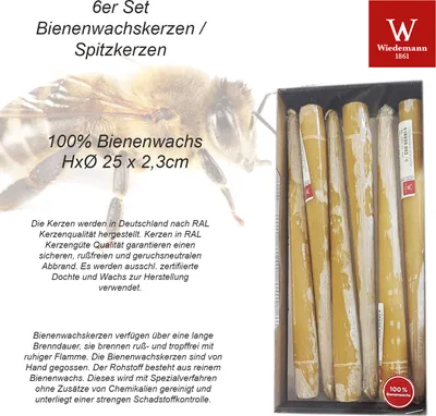 Produktbild von 100% Bienenwachs Spitzkerzen Natur 250 x Ø 23 mm, 6 Stück