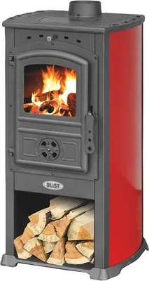 A red and gray wood-burning stove with a fire burning inside and firewood stored underneath.