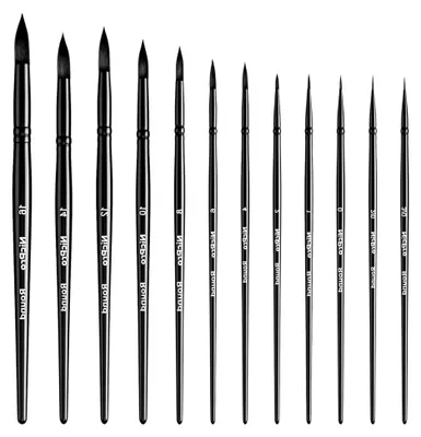 Produktbild von Set mit 12 Aquarellpinseln mit runden Spitzen, professionelle Künstlerpinsel für verschiedene Maltechniken