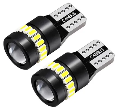 Imagen del producto de Juego de 2 bombillas LED para luces de posición, modelo T10 W5W – con tecnología SMD 3030 + 3014, luz blanca fría de 6000K, compatible con voltajes de 12-24V y sistema CAN-Bus