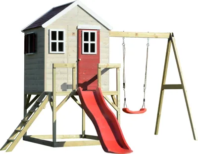 Image de Wendi Toys Maison de jeu pour enfants, maison sur pilotis "Elefant" avec véranda, balançoire et toboggan bois / rouge