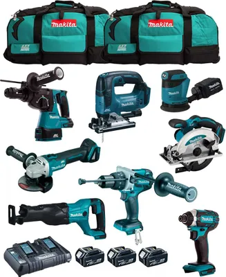 Produktbild von MAKITA Kit MK802 (DHP481 + DHR243 + DGA504 + DTD152 + DJV182 + DSS610 + DJR186 + DBO180 + 3 x 5,0 Ah + DC18RD + 2 x LXT600)