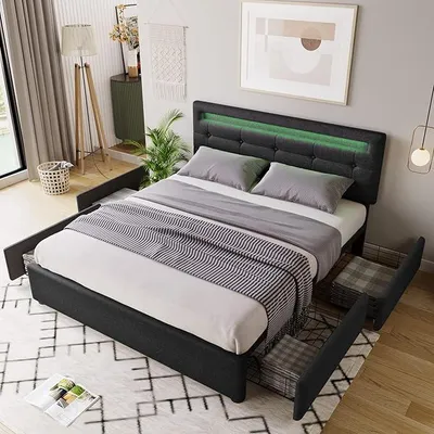 Zdjęcie produktu dla Łóżko tapicerowane 140x200 cm z oświetleniem LED i 4 szufladami – łóżko z pojemnikiem na pościel, nowoczesne podwójne łóżko w kolorze czarnym – bez materaca, łóżko z dużą ilością miejsca do przechowywania
