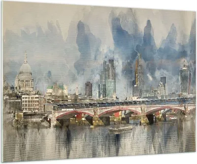 Produktbild von Bilder auf glas - Einteilig - London Aquarell Panorama - 100x70cm - Glasbilder - Wandbilder - Bilder - zum Aufhängen bereit - Wanddekoration aus Glas - Glas Bilder - Wandbild auf Glas - GAA100x70-4594