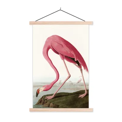 Produktbild von MuchoWow® Textilposter Flamingo - Vogel - Vintage - Wasser - Rosa 40x60 cm mit holzfarbenen Rahmen - Poster