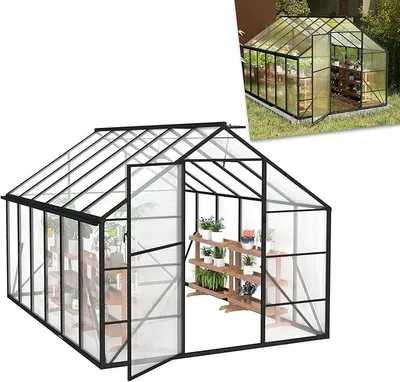 Produktbild von Gewächshaus für Garten, Aluminium Treibhaus, Tomatenhaus & Pflanzenhaus mit Fundament, Dachfenster, PC-Platten, Bodenanker, Eisenverstärkung, 380x250x205cm Frühbeet, Wetterfest & UV-beständig