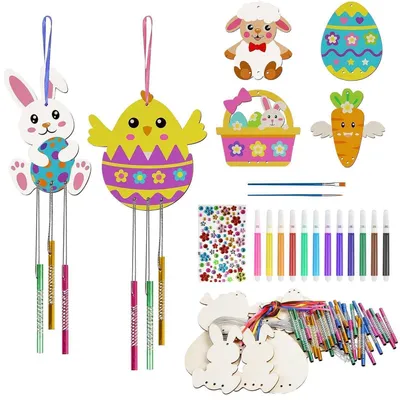 Produktbild von Bastelset Ostern Windspiel 12 Stück Holz DIY Anhänger Hase Küken Frühling mit Zubehör