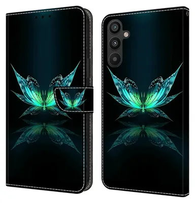 Produktbild von CLM-Tech Hülle kompatibel mit Samsung Galaxy A34 5G - Tasche aus Kunstleder - Klapphülle mit Ständer und Kartenfächern, schwarz türkiser Schmetterling