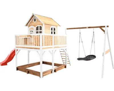 Produktbild von AXI Spielhaus Liam mit Sandkasten, Nestschaukel & roter Rutsche | Stelzenhaus XXL in Braun & Weiß aus  Holz für Kinder | Spielturm mit