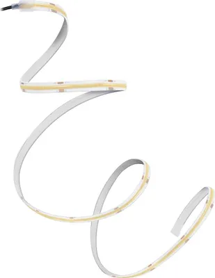 A white LED strip light is coiled and displayed against a white background.