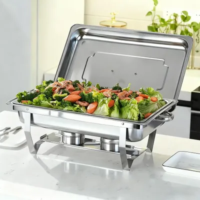 Image de Plateau de service à 3 compartiments en acier inoxydable, isotherme, pour buffets, hôtels et restauration, robuste, idéal pour les plats chauds