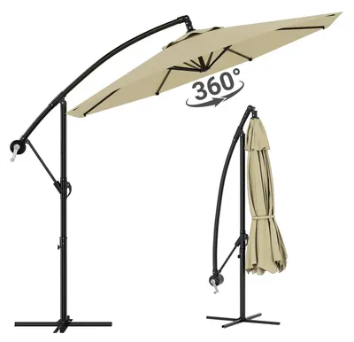 Zdjęcie produktu dla Parasol ogrodowy – parasol wiszący 300 cm – obrót o 360° – korba i regulacja nachylenia – wodoodporny – z podstawą – kolor khaki