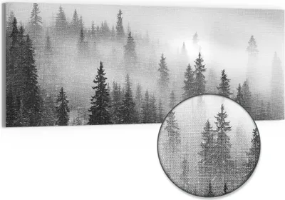 Produktbild von DEQORI Hybrid Leinwand Bild 150x60 cm 'Nebelwald Stille' Wandbild Glas flach modern