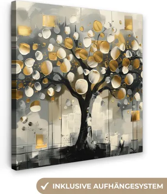 Produktbild von MuchoWow® - Leinwandbilder - Baum - Abstrakt - Beige - Gold - Schwarz, Wandbild, Wanddeko Bilder Wohnzimmer, 90x90 cm