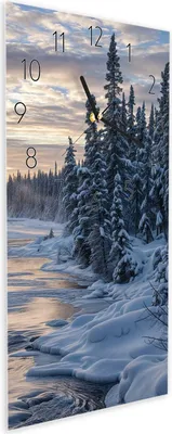 Produktbild von Wanduhr aus Glas mit Motiv Winterflusswald- 30 x 60 cm - inkl. Aufhängesystem
