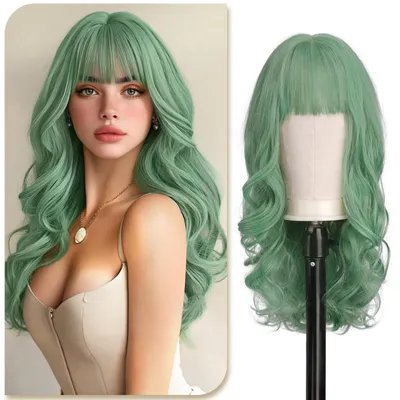 Immagine prodotto di Parrucca da 60 cm - Parrucca lunga con onde - Parrucca sintetica color verde menta - Parrucca con ricci - Parrucca da donna - Adatta per cosplay/carnevale - Accessorio per capelli