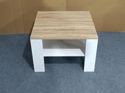 Produktbild von Quadratischer Couchtisch Holzoptik Weiß, Wohnzimmertisch mit unterer Ablage, Stabiler Tisch aus Spanplatte, Moderner Salontisch für Wohnzimmer