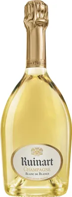 A bottle of Ruinart Blanc de Blancs Champagne.