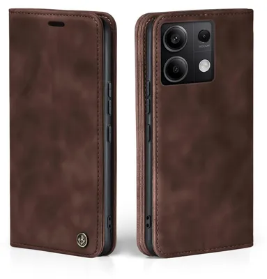 Two views of a brown leather flip case for a smartphone, showing the front and back.